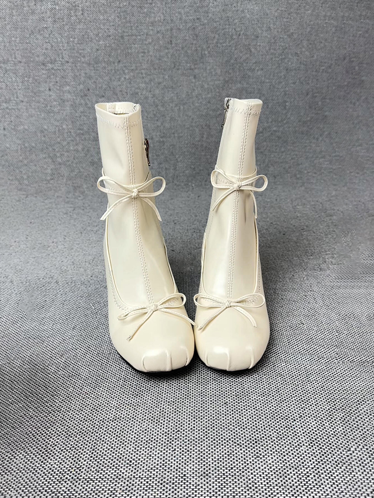 小众法式芭蕾风粗跟瘦瘦靴女软皮蝴蝶结小短靴侧拉链中跟弹力靴子