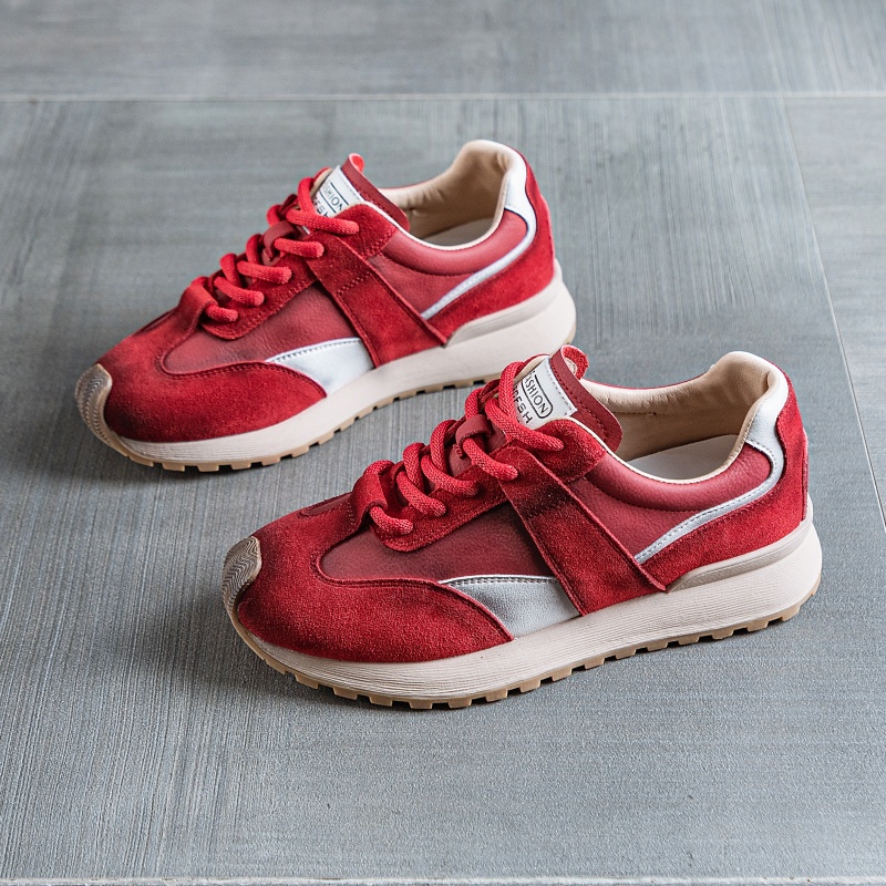 真皮复古红色阿甘鞋女2025秋季新款百搭运动休闲板鞋厚底老爹鞋潮