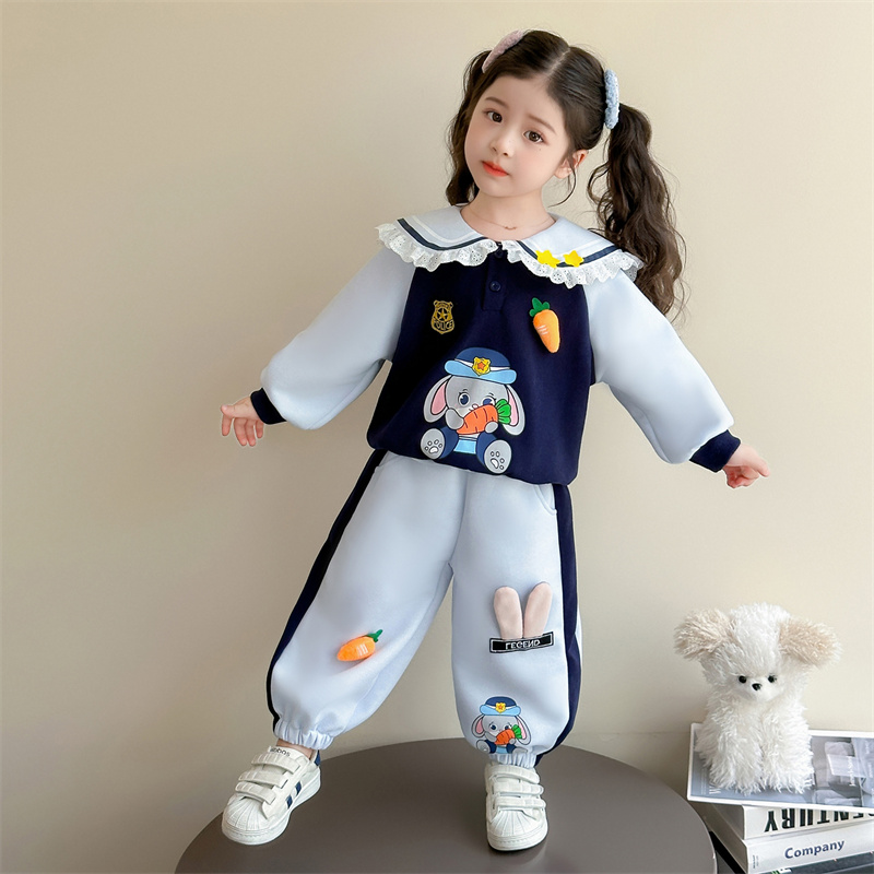 女童卡通套装秋2025新款儿童翻领卫衣休闲拼色两件套宝宝春秋装潮