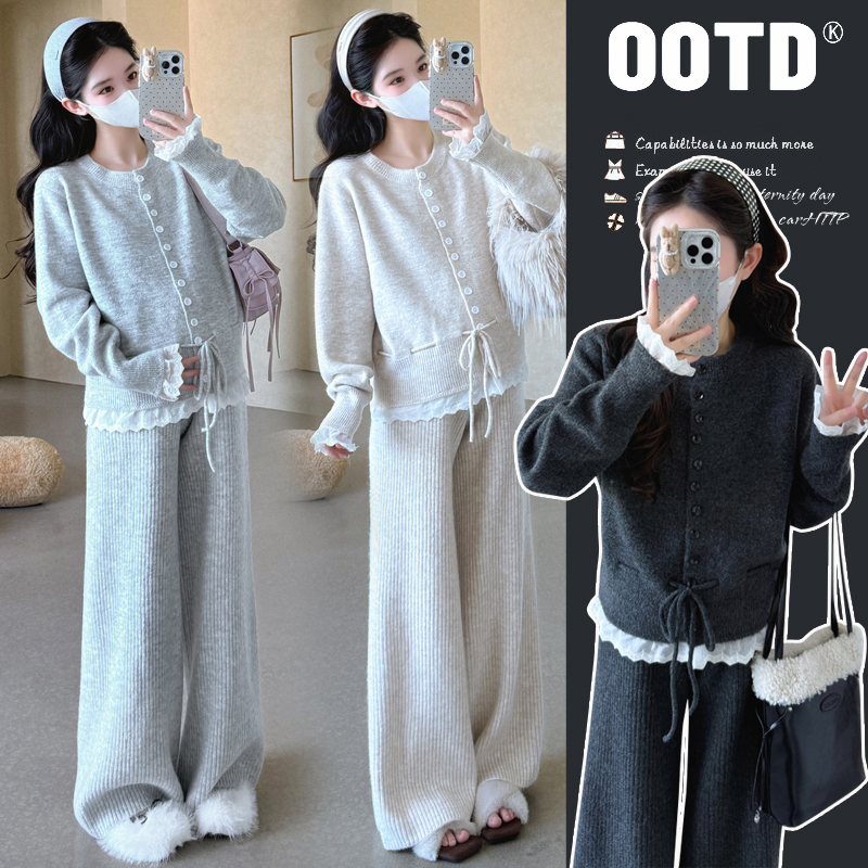 2025孕妇花边拼接甜美减龄气质系带设计阔腿裤针织毛衣宽松套装
