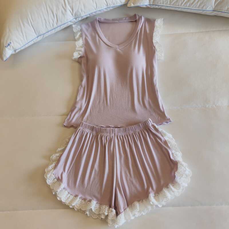 【维多利亚专柜奢品】带胸垫睡衣女夏季无袖背心短裤两件套新款蕾