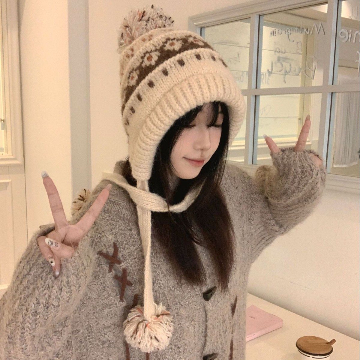 费尔岛风提花护耳帽子女冬季韩系户外保暖针织毛线帽显脸小套头帽