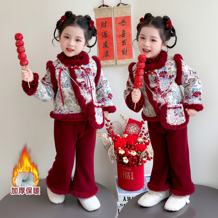 女童加厚拜年服冬季2025新款儿童新年冬装女宝宝花开过年衣服套装