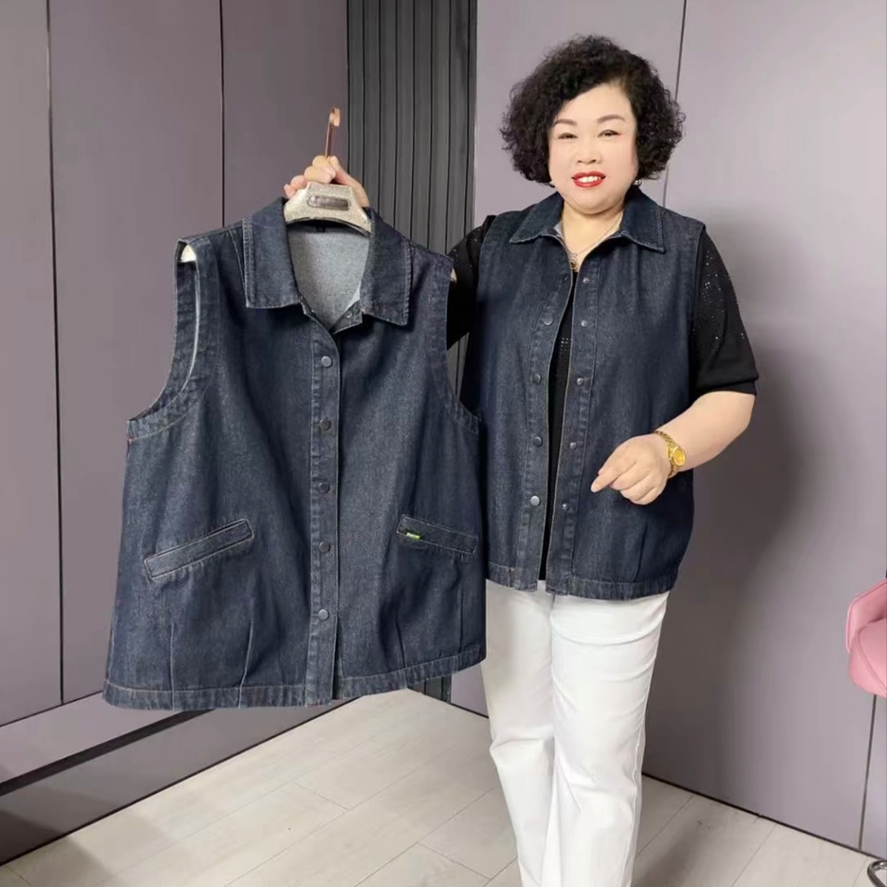 春季新款大码女装加肥加大宽松简约时尚百搭洋气牛仔坎肩马甲6015