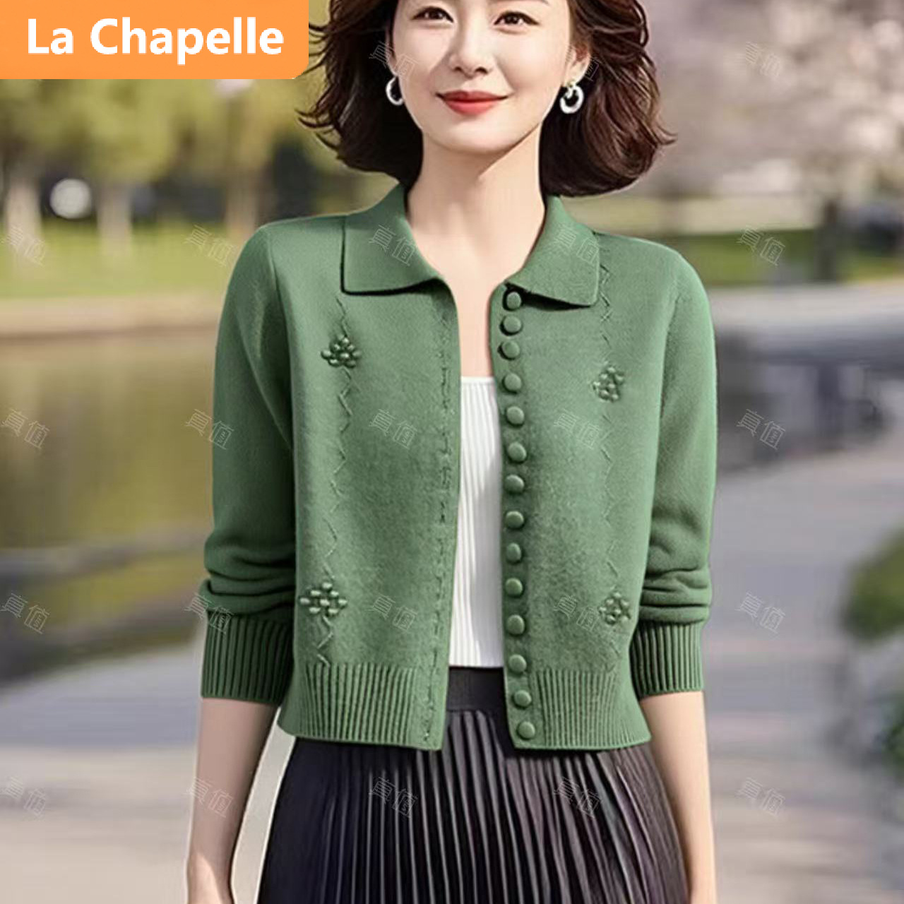 拉夏贝尔秋冬气质翻领长袖毛针织衫女开衫韩版时尚百搭毛衣复古风