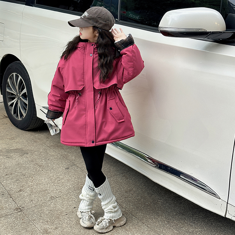 女童秋冬夹棉加绒外套儿童时尚连帽加厚派克服大童冬季棉服冲锋衣