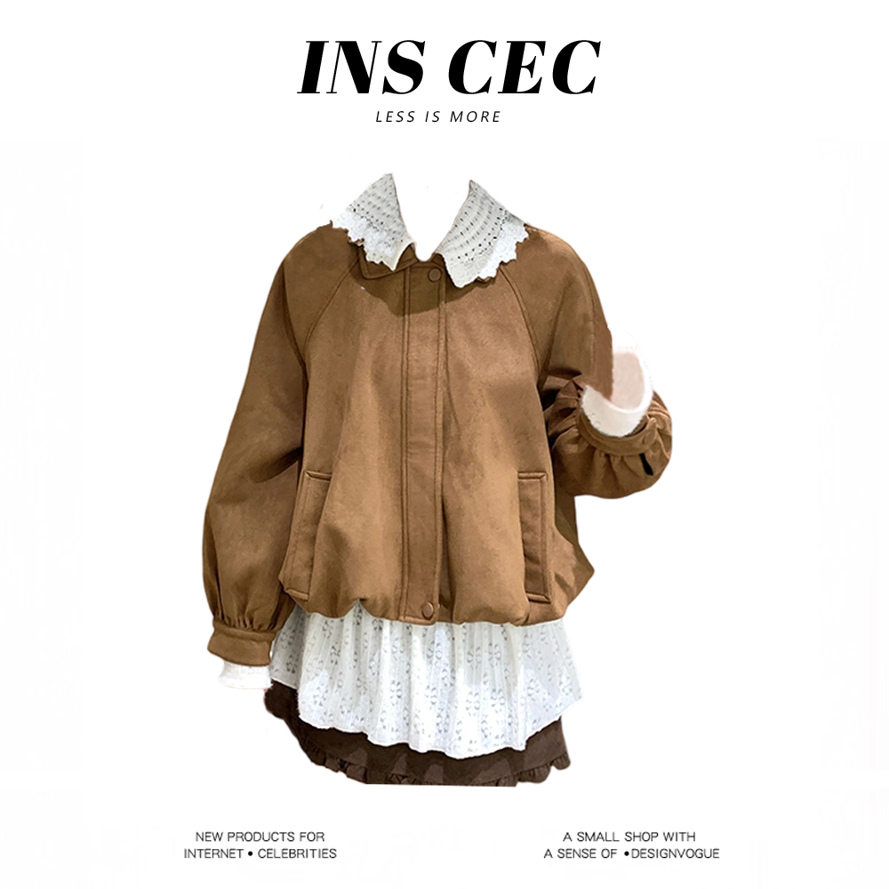 INS CEC早秋韩系棕色麂皮外套女氛围感衬衫穿搭半身裙子三件套装