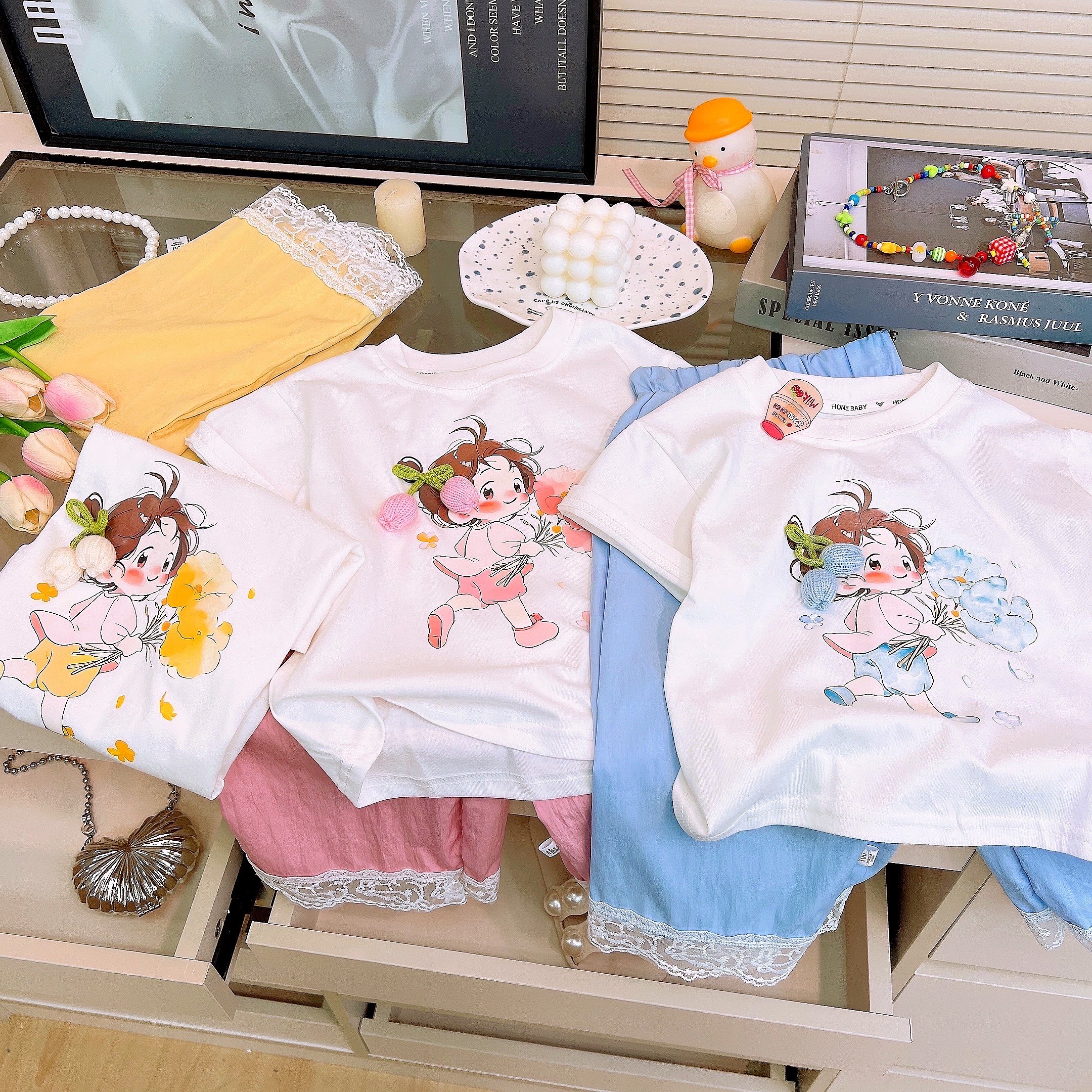 【亲子装】夏季女童纯棉舒适吸汗休闲立体印花套装蕾丝花边阔腿裤