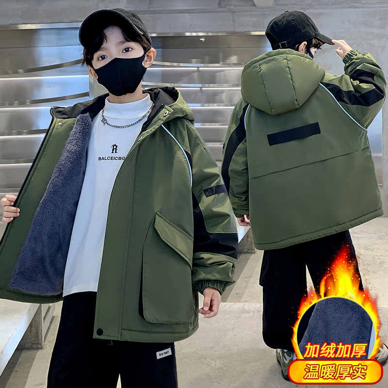 男童加绒外套冬装2025新款中大儿童加厚风衣男孩冬季派克服棉衣潮