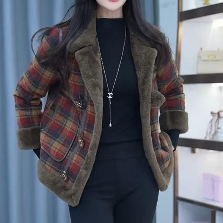 格子加绒加厚毛呢大衣女2025年秋冬新款皮毛一体短款外套