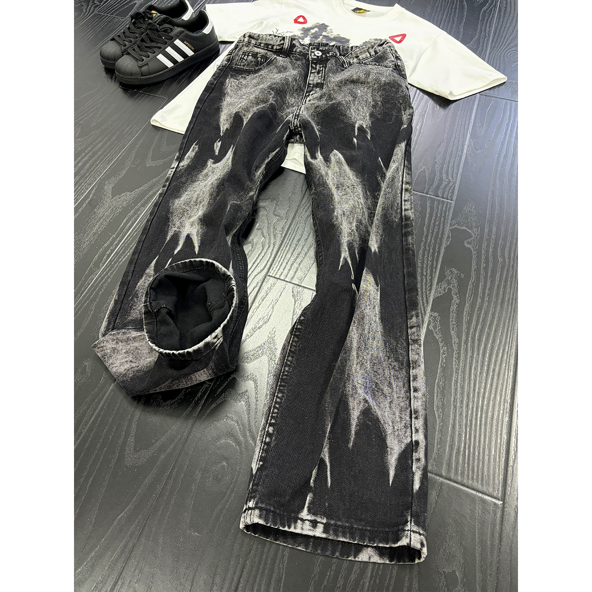 美式高街扎染牛仔裤男款夏季潮牌痞帅水洗裤子设计感直筒微喇长裤
