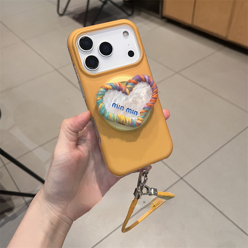 复古姜黄毛线爱心磁吸支架适用iPhone17promax手提16pro手机壳15