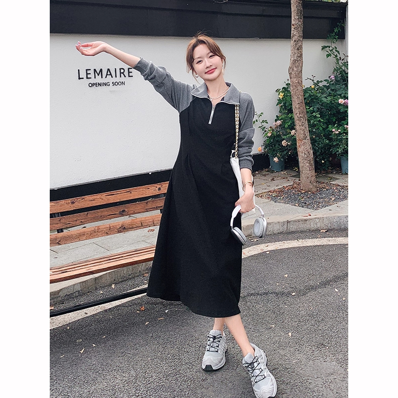 撞色拼接卫衣连衣裙女长款秋季新款2025显瘦韩系休闲长袖裙子