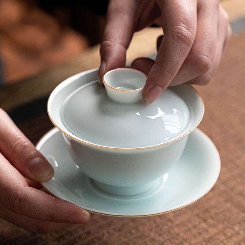 青甜白瓷三才盖碗茶杯薄胎大号单个玉瓷泡茶碗带盖子陶瓷功夫茶具