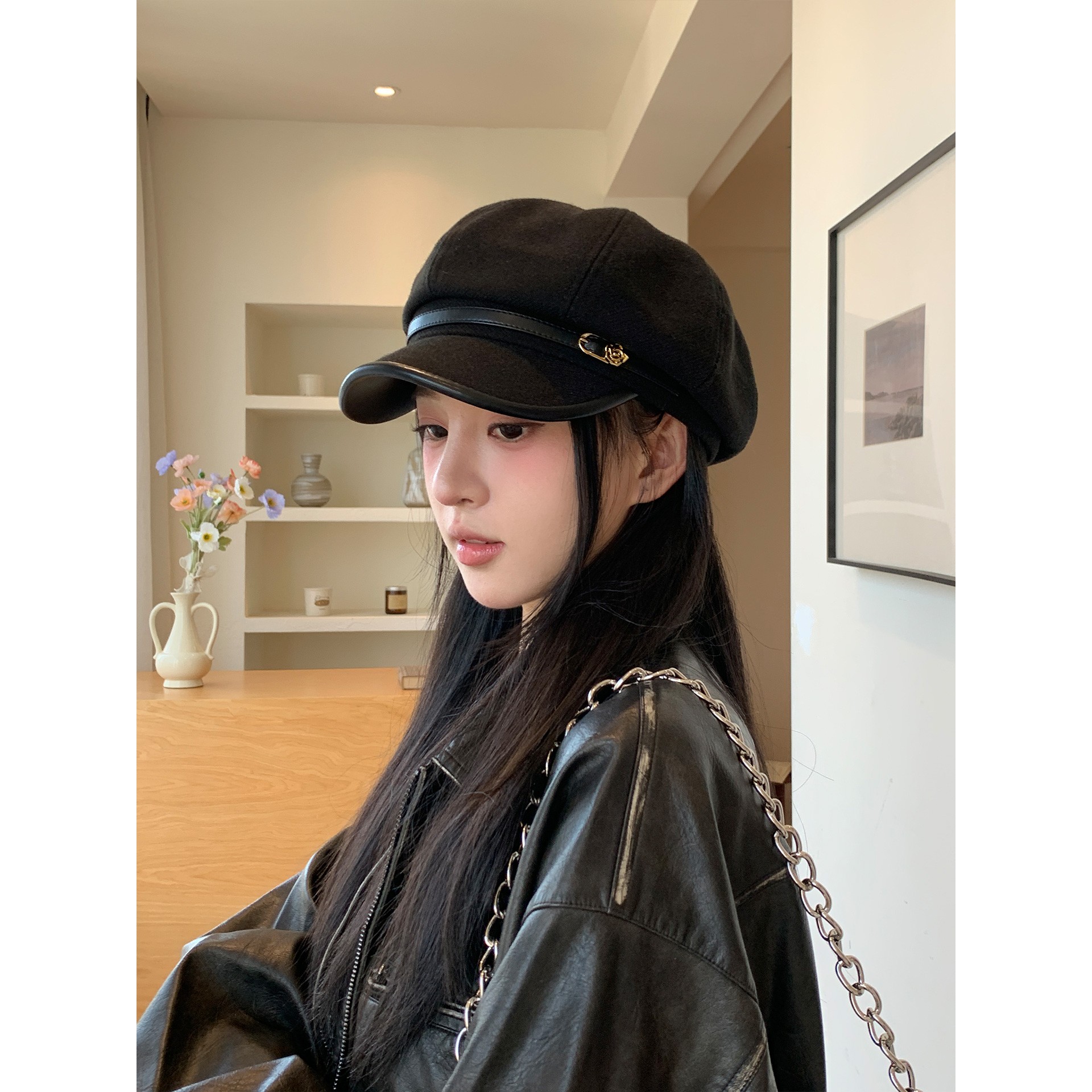 日系复古文艺风黑色鸭舌贝雷帽女休闲百搭气质显脸小八角云朵帽子