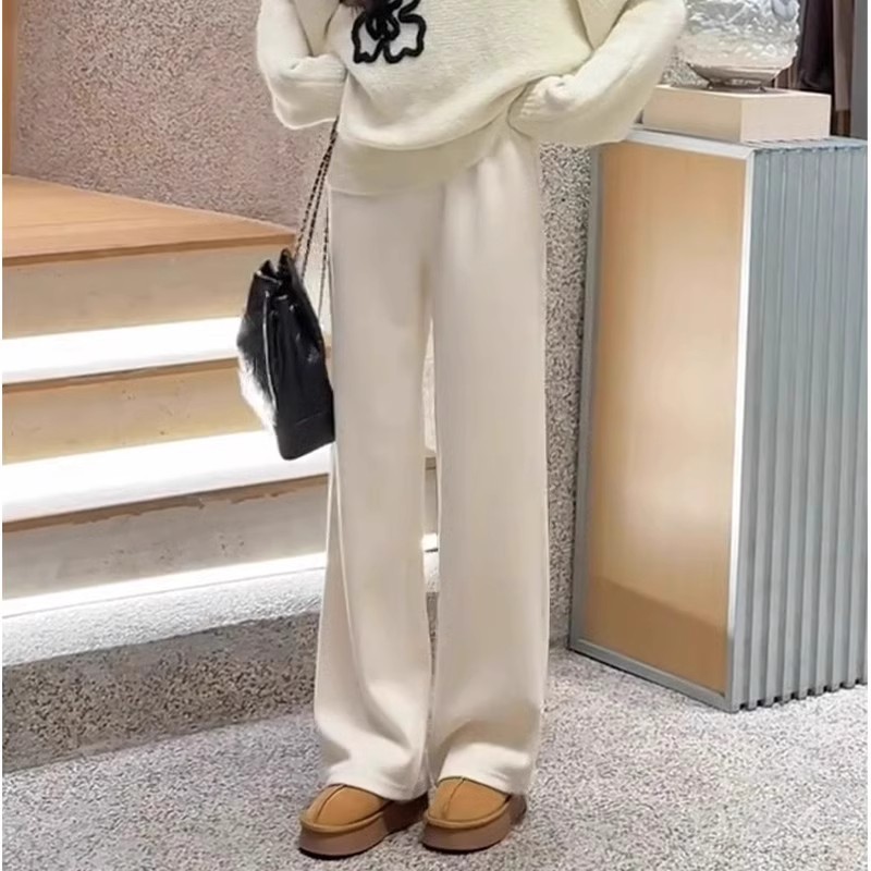 芊芊芙奶杏色窄版阔腿裤女春秋款小个子韩系垂感加绒直筒休闲裤子