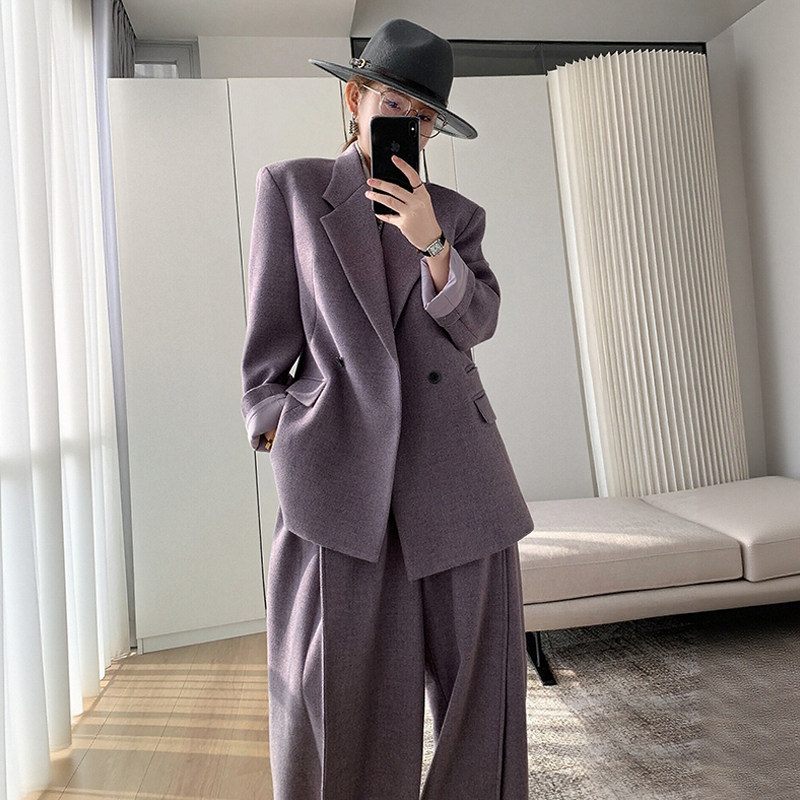 冬装一整套韩系高级感炸街紫色加厚毛呢西装外套阔腿裤时尚套装女