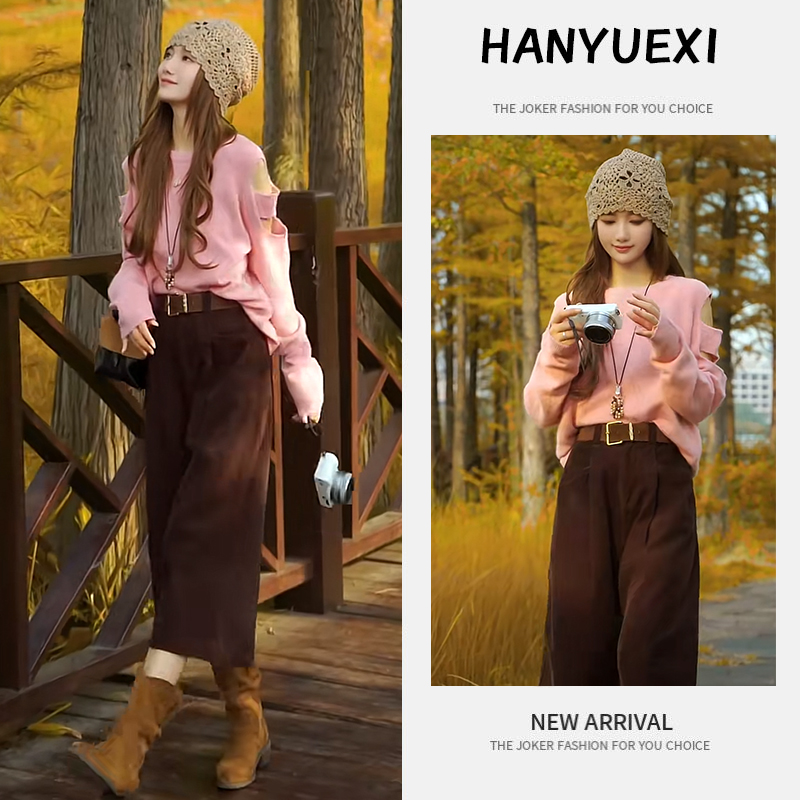 秋季时尚一整套女装2025新款慵懒风露肩设计感毛衣阔腿裤两件套