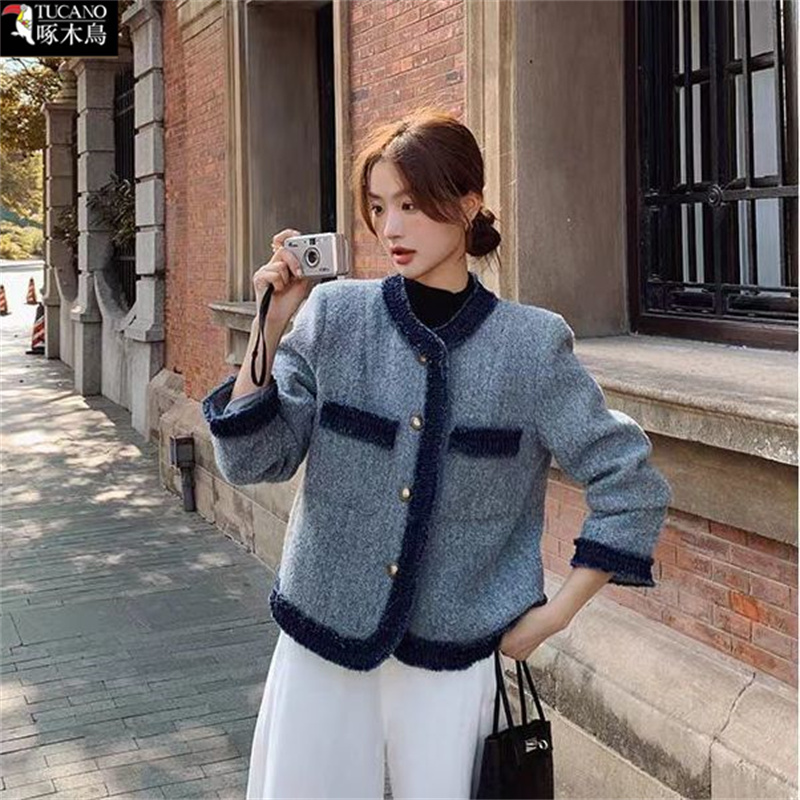 啄木鸟秋冬保暖女小香风长袖短外套2025新款法式气质宽松显瘦上衣
