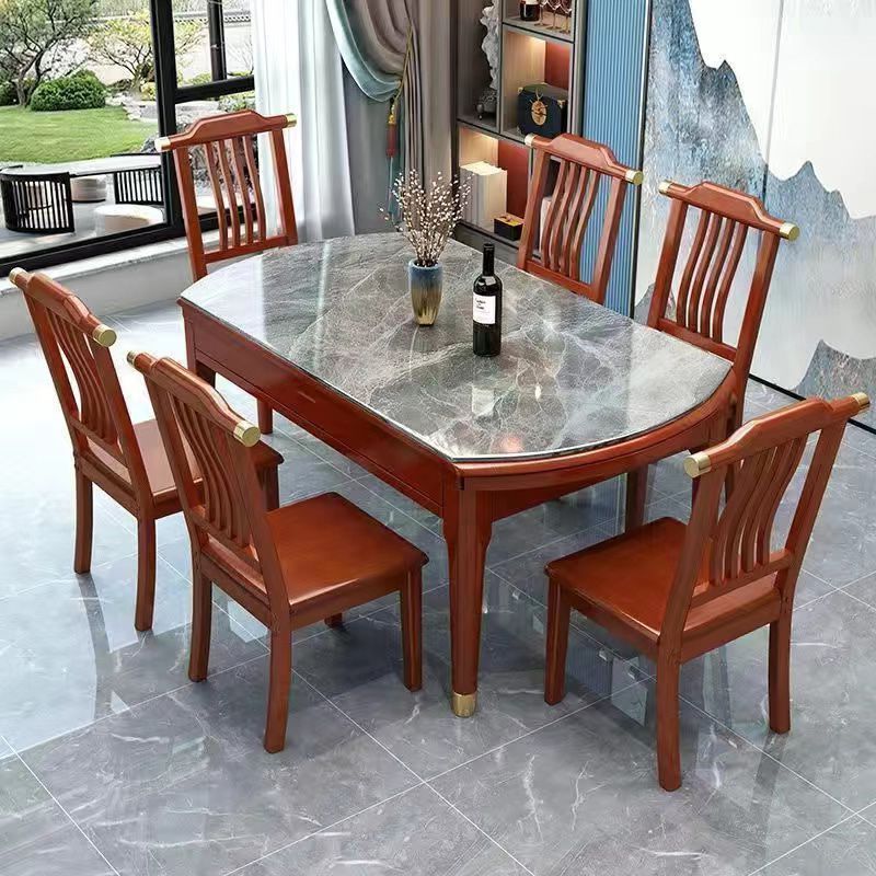 新中式岩板餐桌椅组合实木小户型家用伸缩折叠方圆两用多功能餐桌