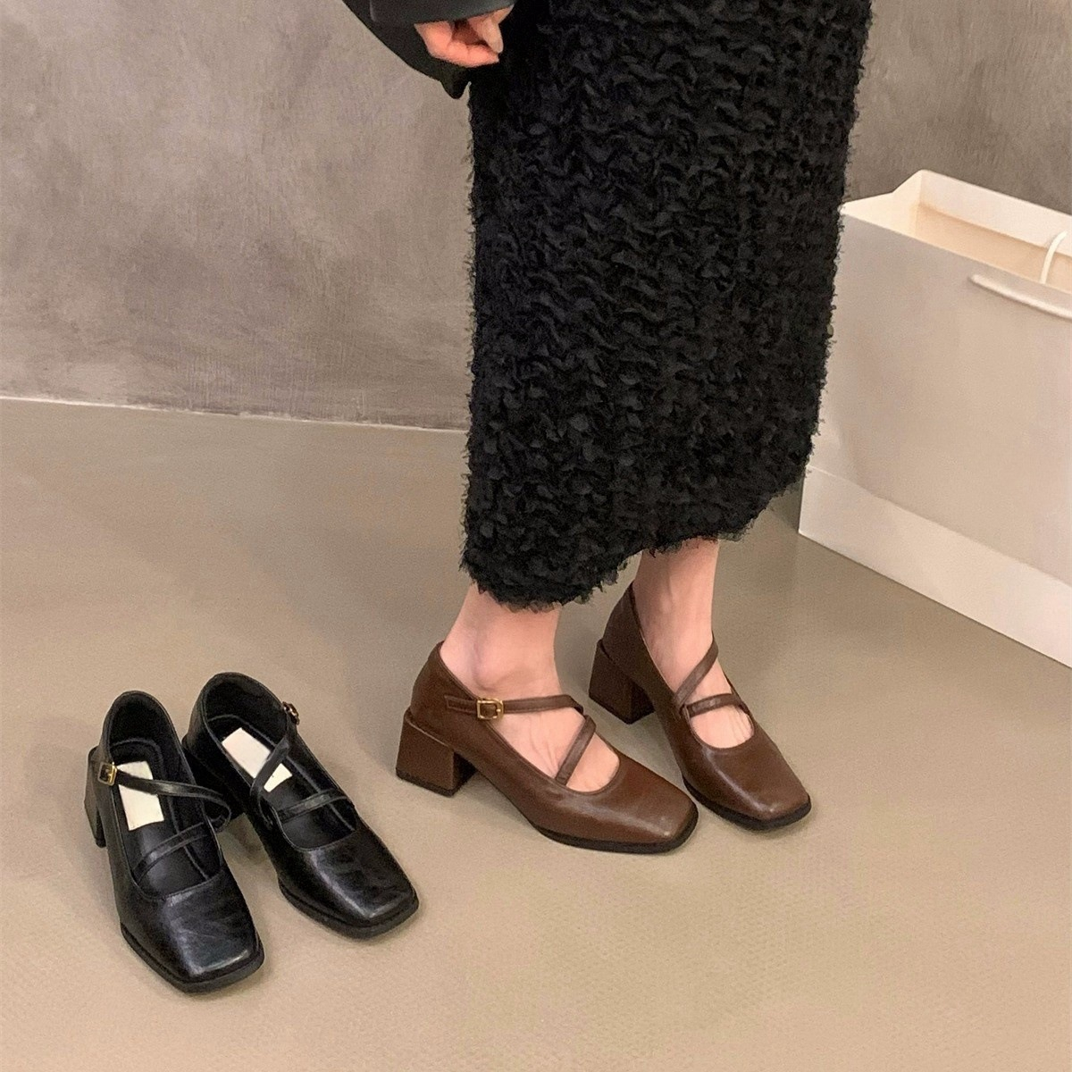 5CM粗跟方头高级感玛丽珍鞋小皮鞋2025秋季新款复古单鞋女