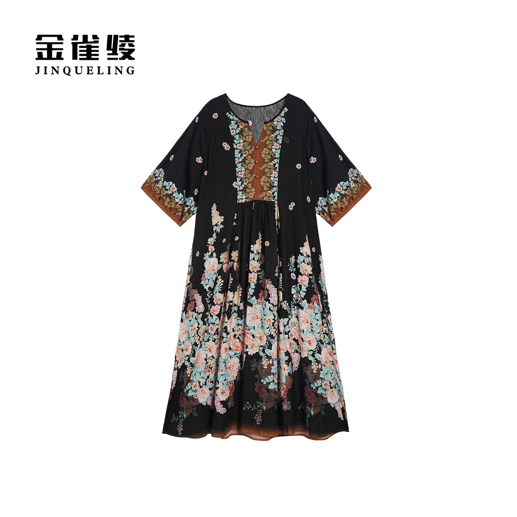 金雀绫【落日玫瑰】设计师款显瘦大码加宽加大女装连衣裙SZA1L180