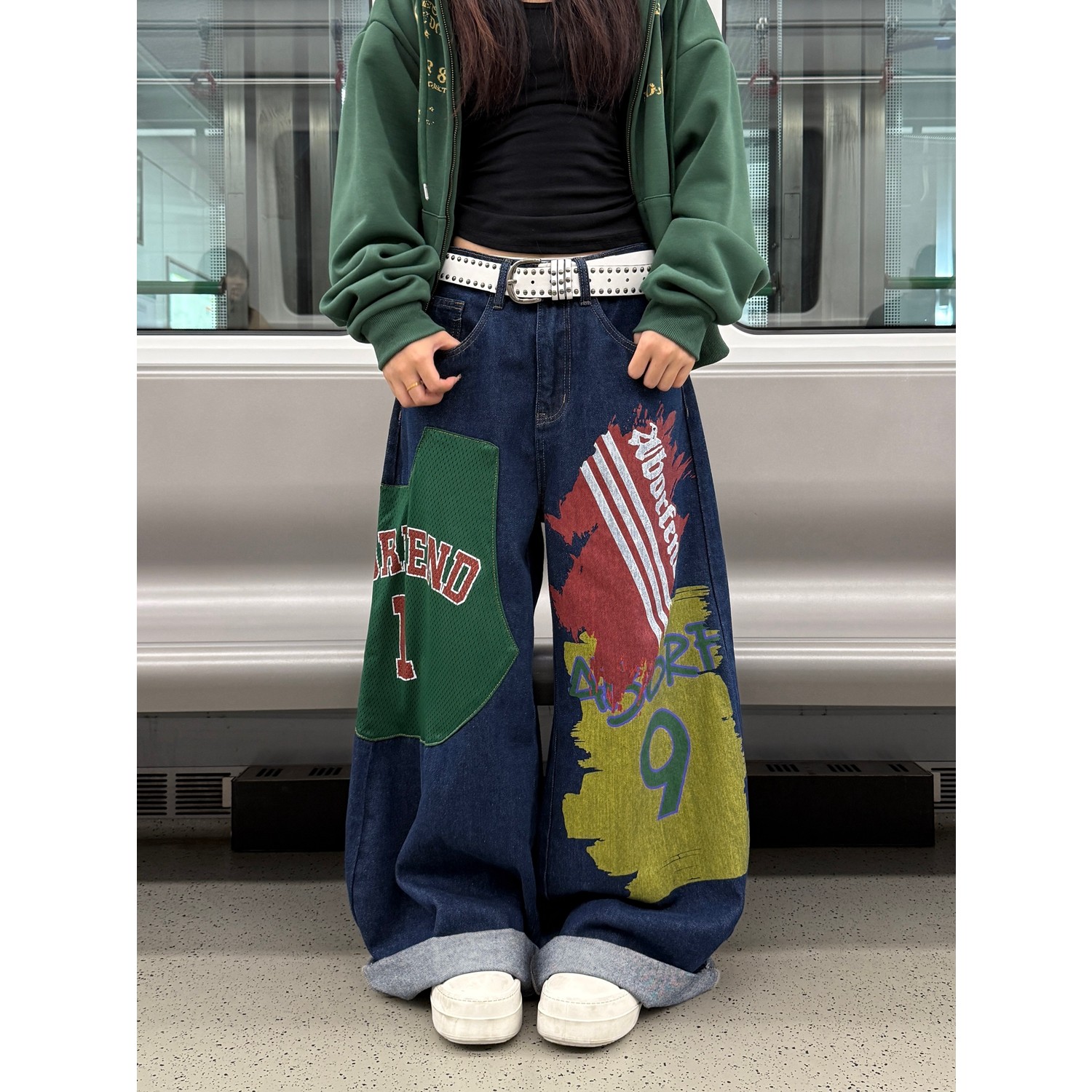 x不是好人 覆古做旧拼接牛仔裤男女美式街头风宽松设计感阔腿长裤