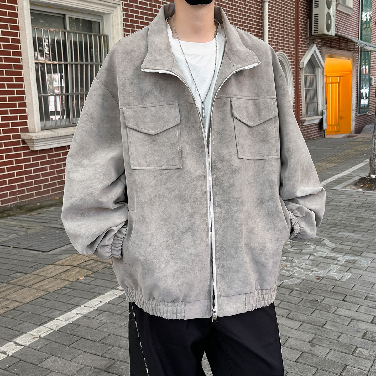 灰色扎染pu皮外套男秋季美式复古立领工装夹克多口袋宽松大码上衣