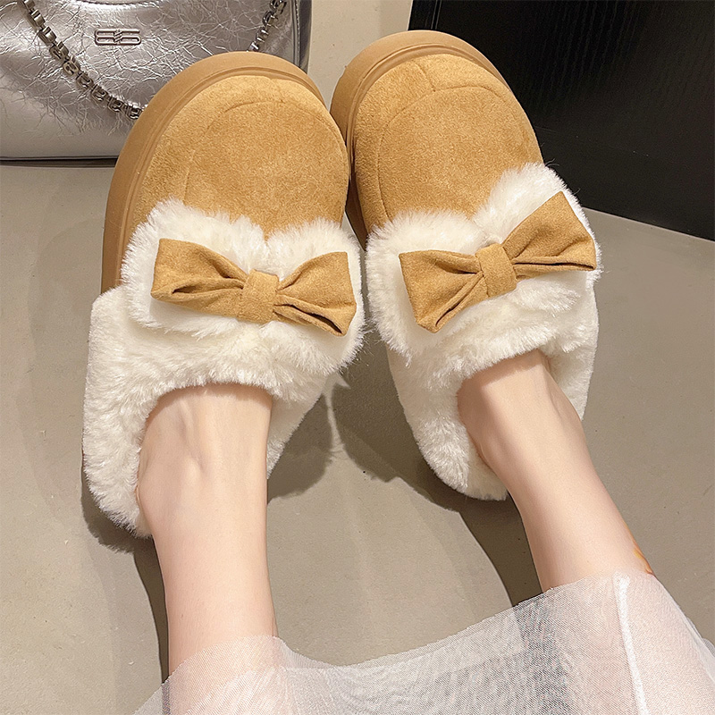 蝴蝶结加绒棉拖鞋冬季新款厚底防滑毛绒居家室外防滑保暖棉鞋女款