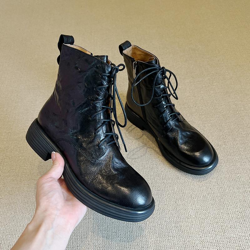 软羊皮厚底系带短靴女英伦风2025秋冬新款百搭平底马丁靴女单靴子