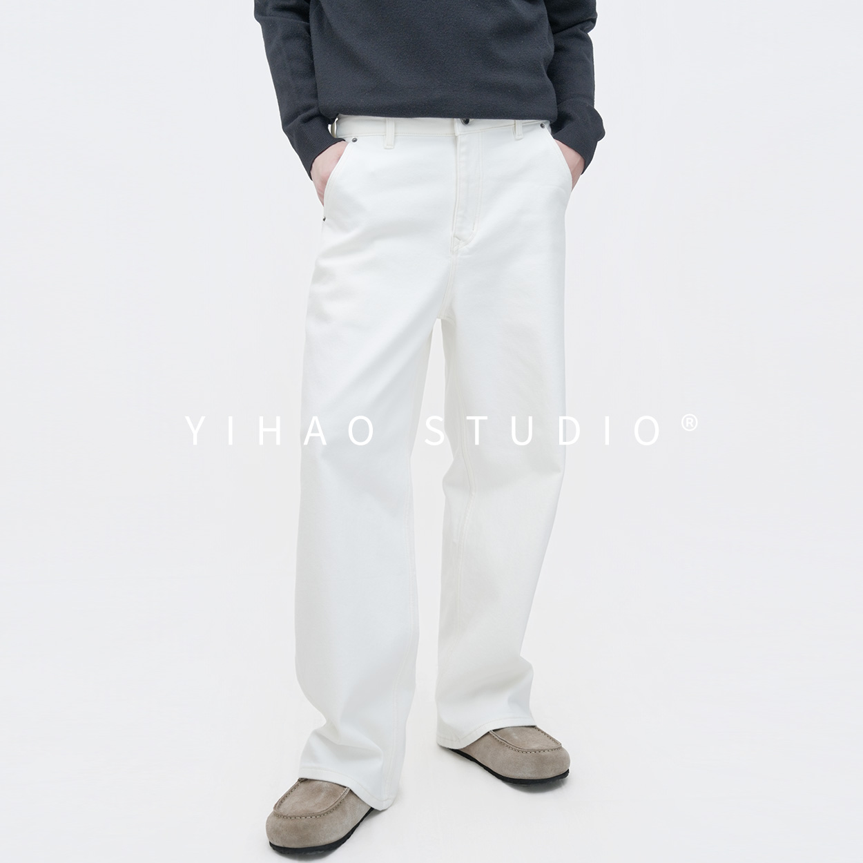 YIHAO STUDIO秋冬男款植绒加厚宽松直筒牛仔裤米白休闲长裤高级感
