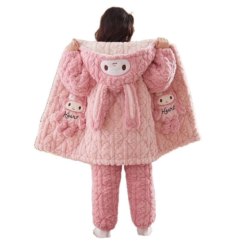 加绒冬季睡衣可爱新款加厚款珊瑚绒三层夹棉过宝宝儿童亲子家居服