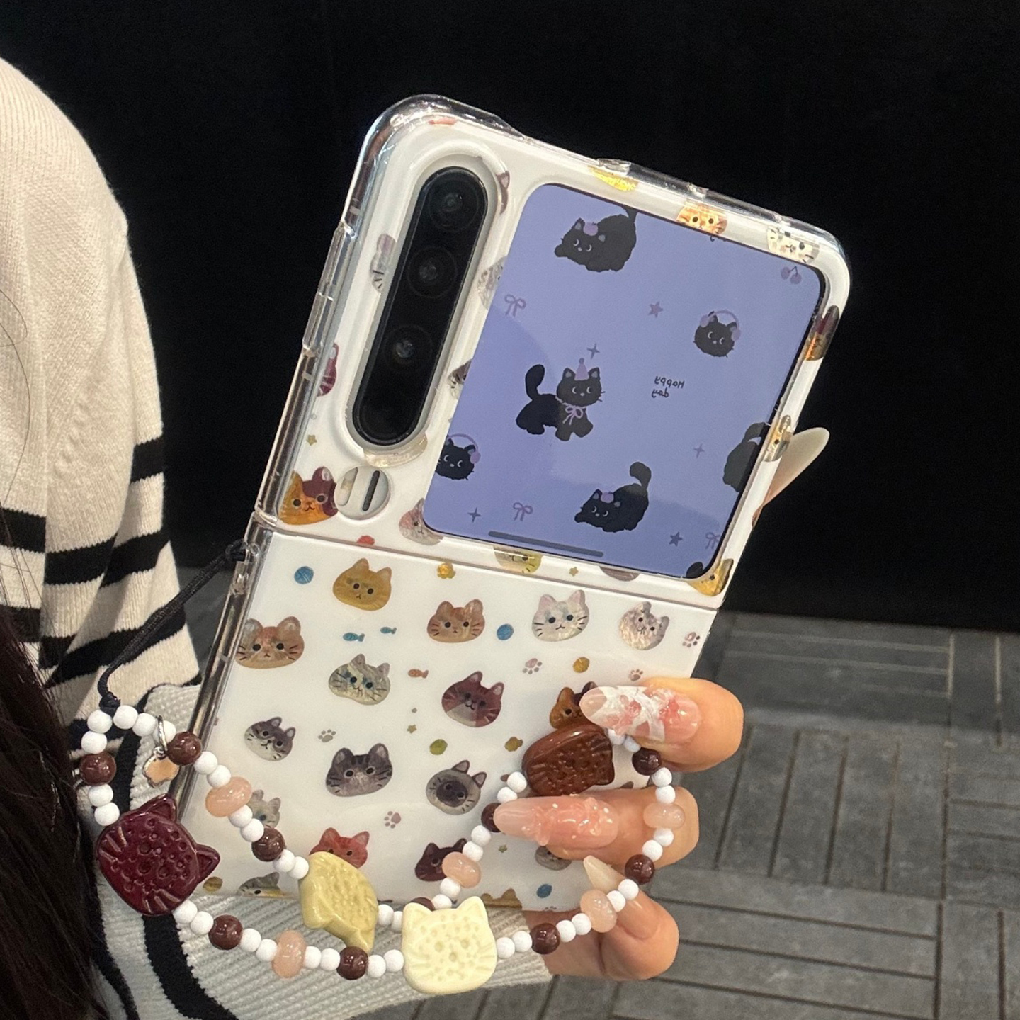 适用华为purax折叠屏手机壳黑白底镭射pocket2彩色猫咪头像链条女