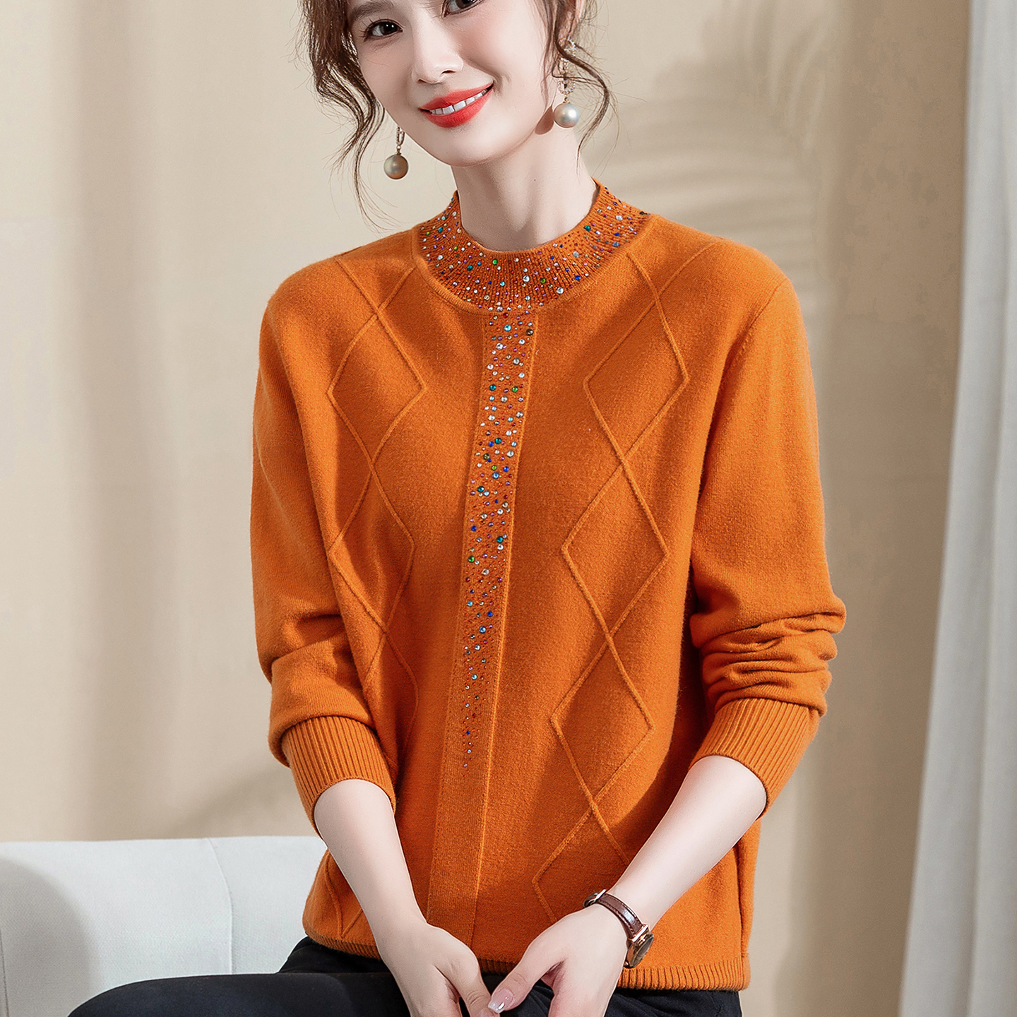 妈妈秋冬半高领毛衣打底上衣中年女秋装洋气毛衣中老年装针织小衫