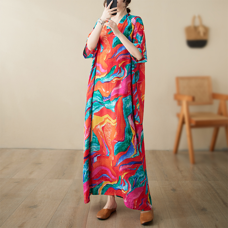 复古民族风花色棉麻连衣裙女夏季洋气大码宽松显瘦大摆过膝长裙子