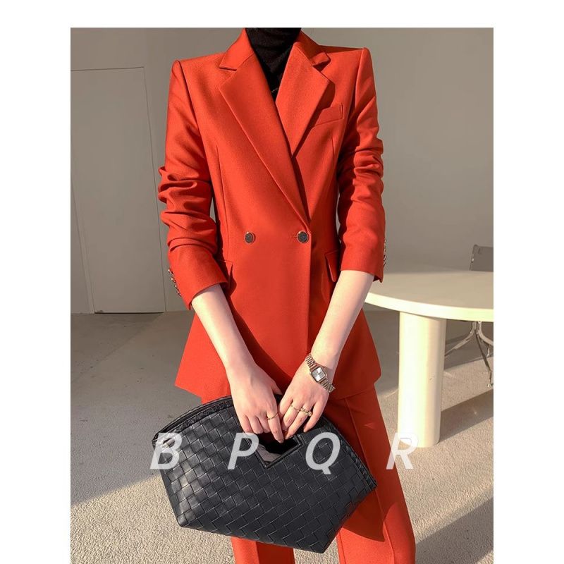 BPQR橘红色西装套装女春秋季新款高级感气质女神范职业装休闲西服