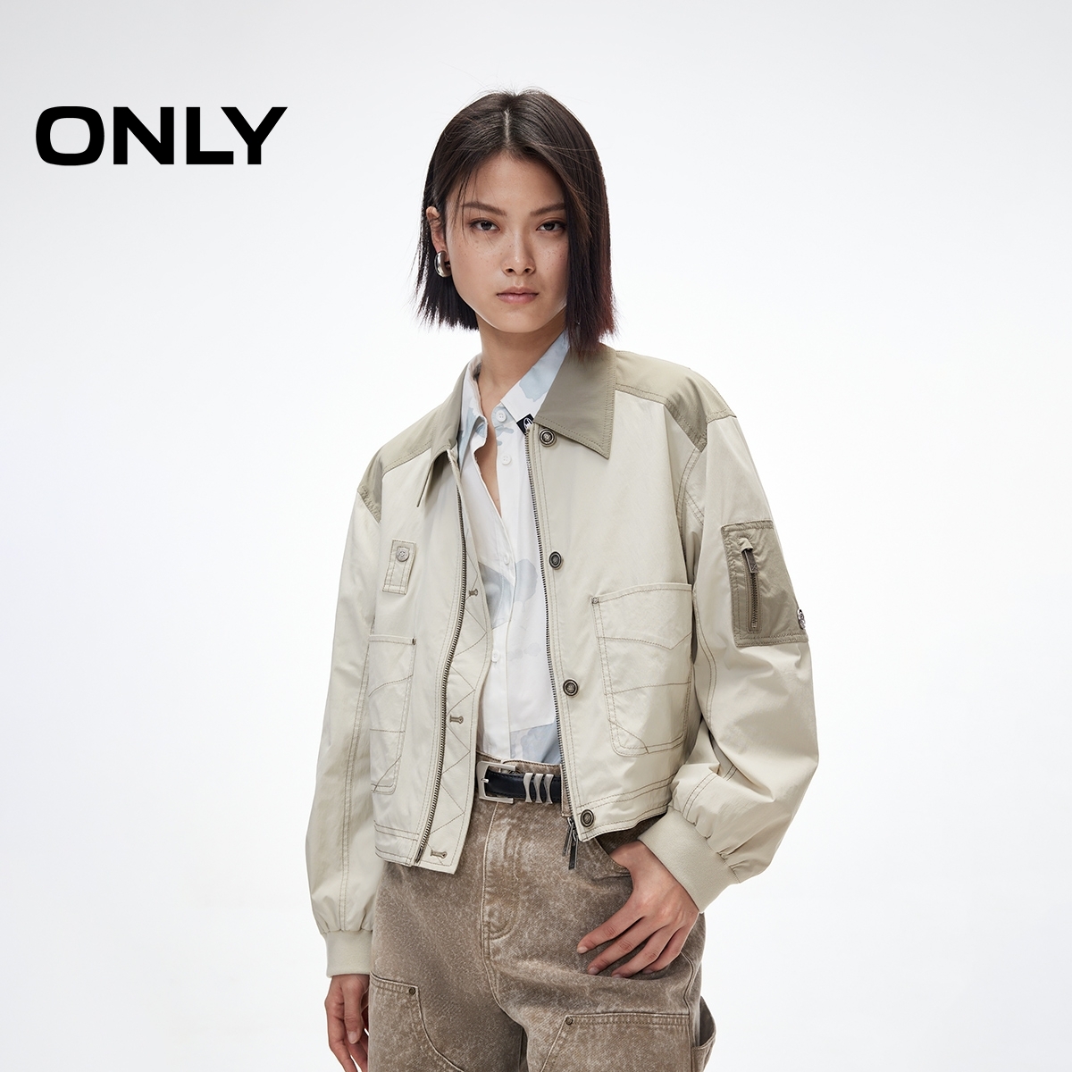 ONLY2025夏季新款潮酷宽松微落肩拼接短款夹克外套女|125236024