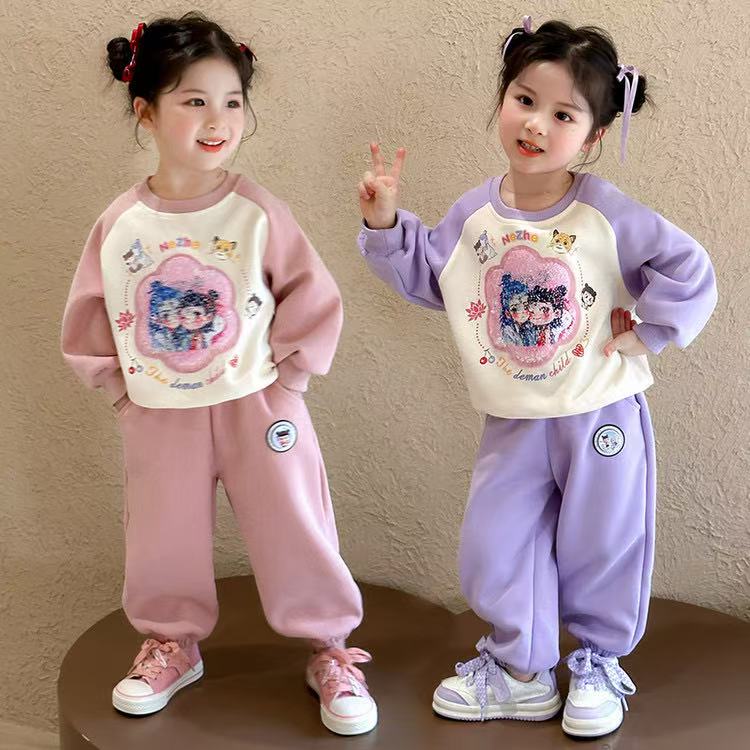 【现货】女童哪吒亮片卫衣套装2025春秋新款卡通时尚洋气两件套