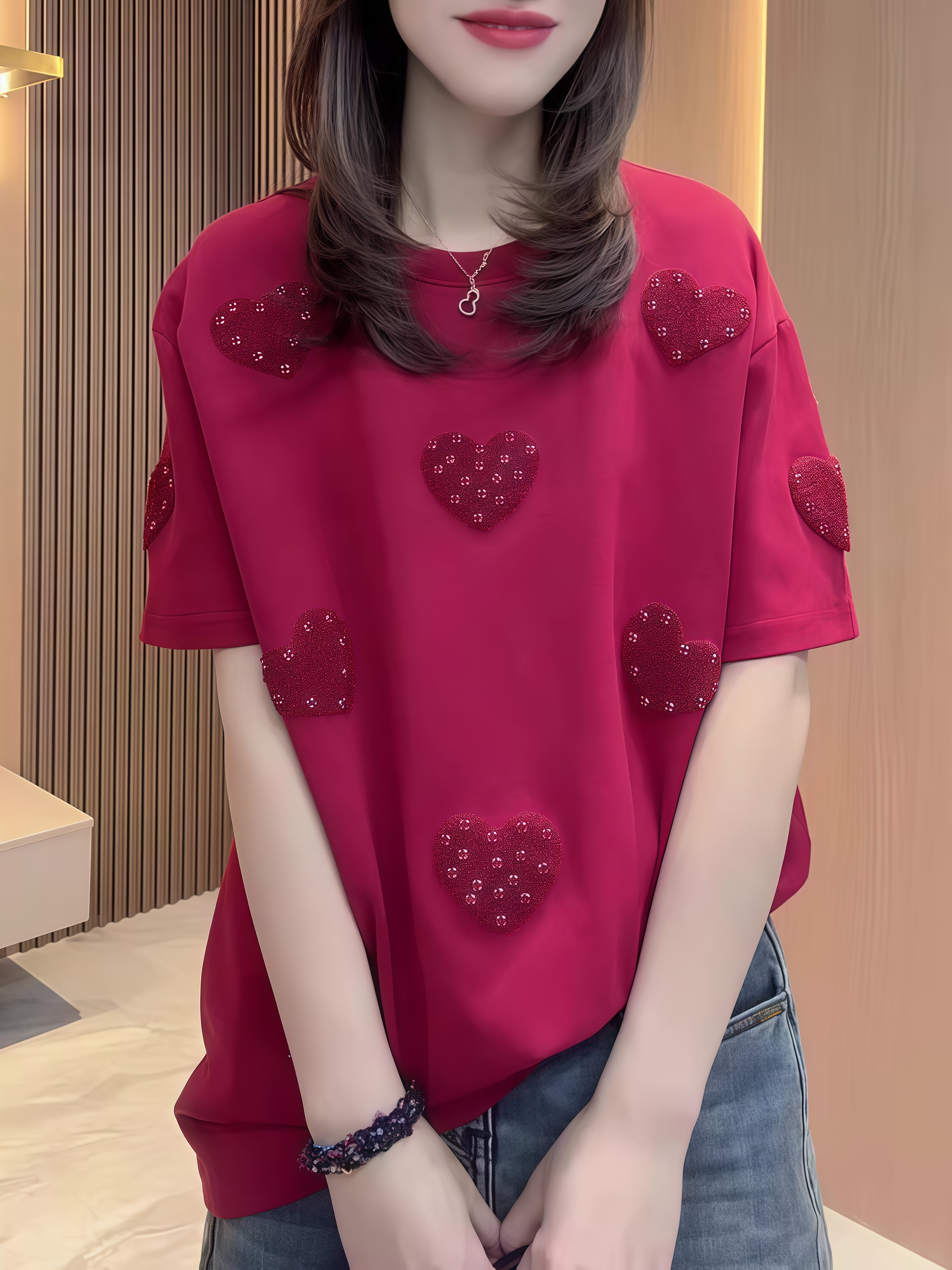 纯棉爱心刺绣重工钉珠短袖T恤女2025夏季新款宽松百搭洋气休闲装
