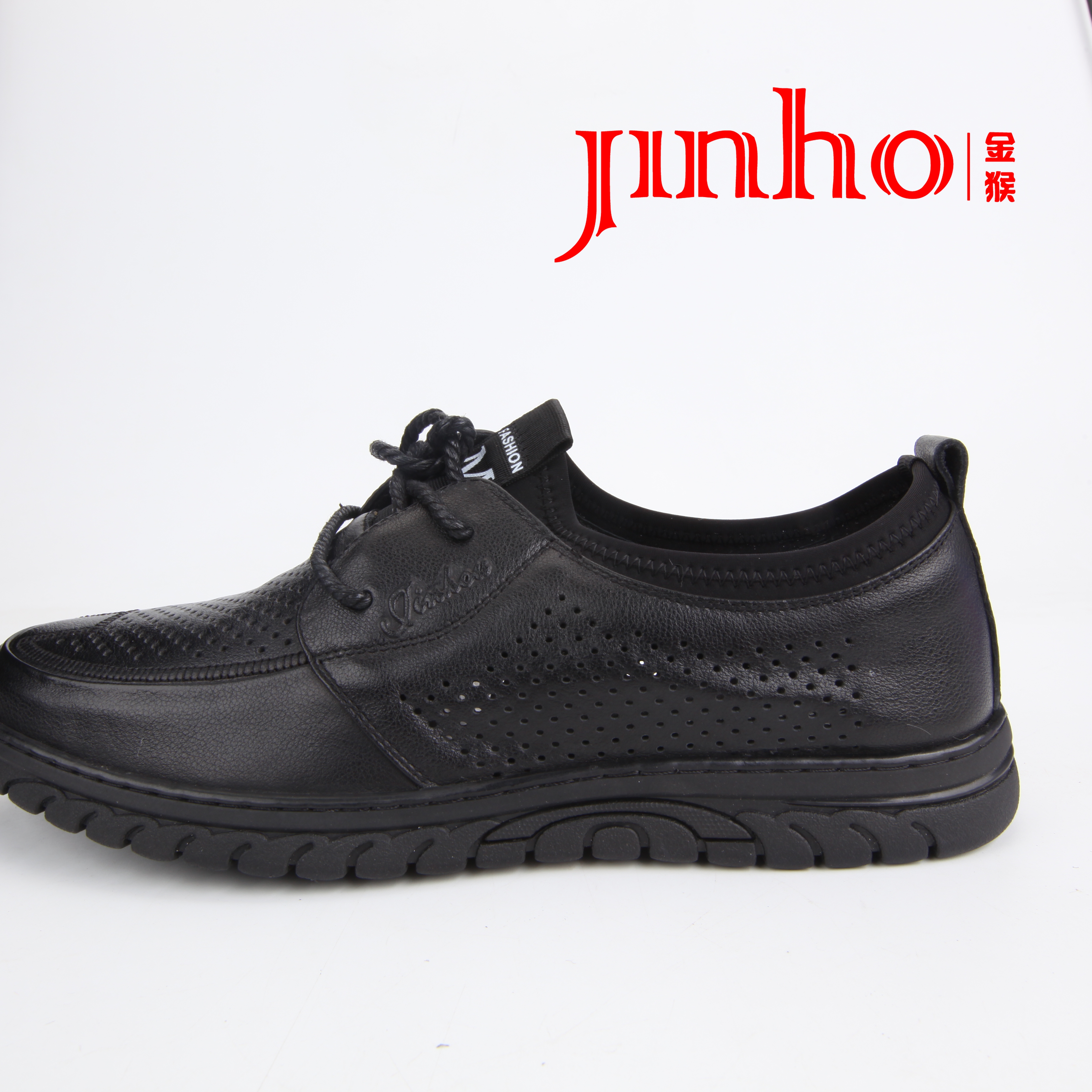 Jinho/金猴休闲透气夏季耐磨圆头皮鞋380140A时尚黑色软底爸爸鞋