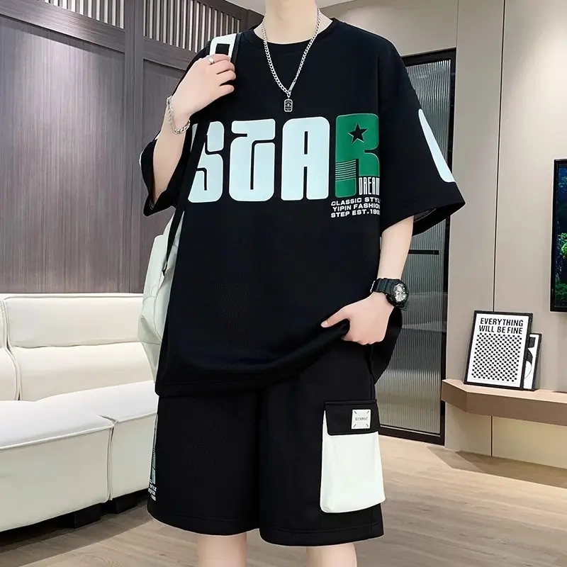男士夏季休闲套装学生青少年宽松大码短袖T恤潮流百搭短裤运动服