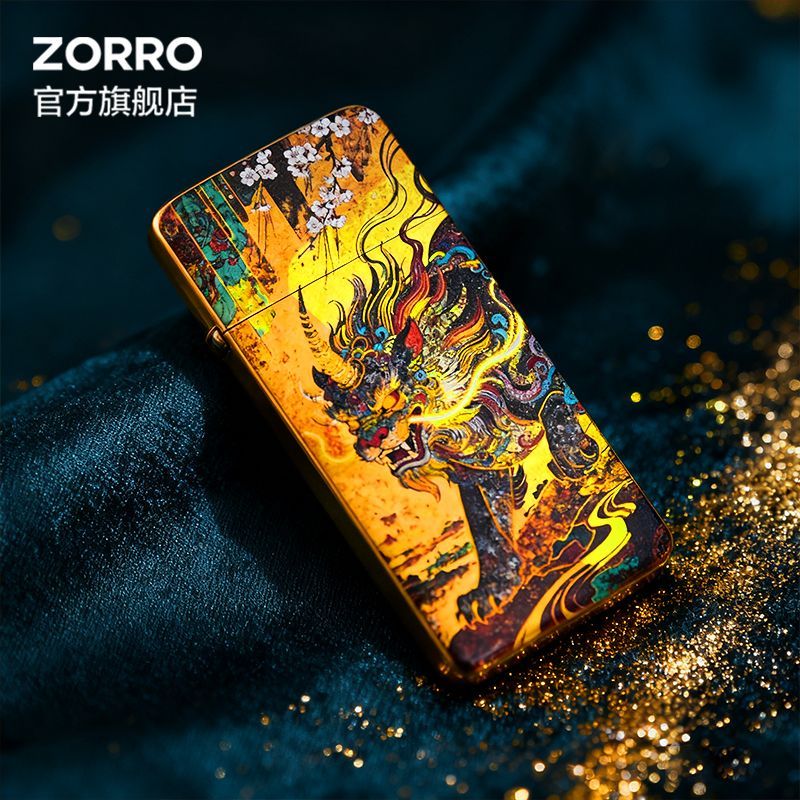 ZORRO佐罗珐琅彩祥瑞麒麟煤油打火机描金鎏金个性送男士新年礼物