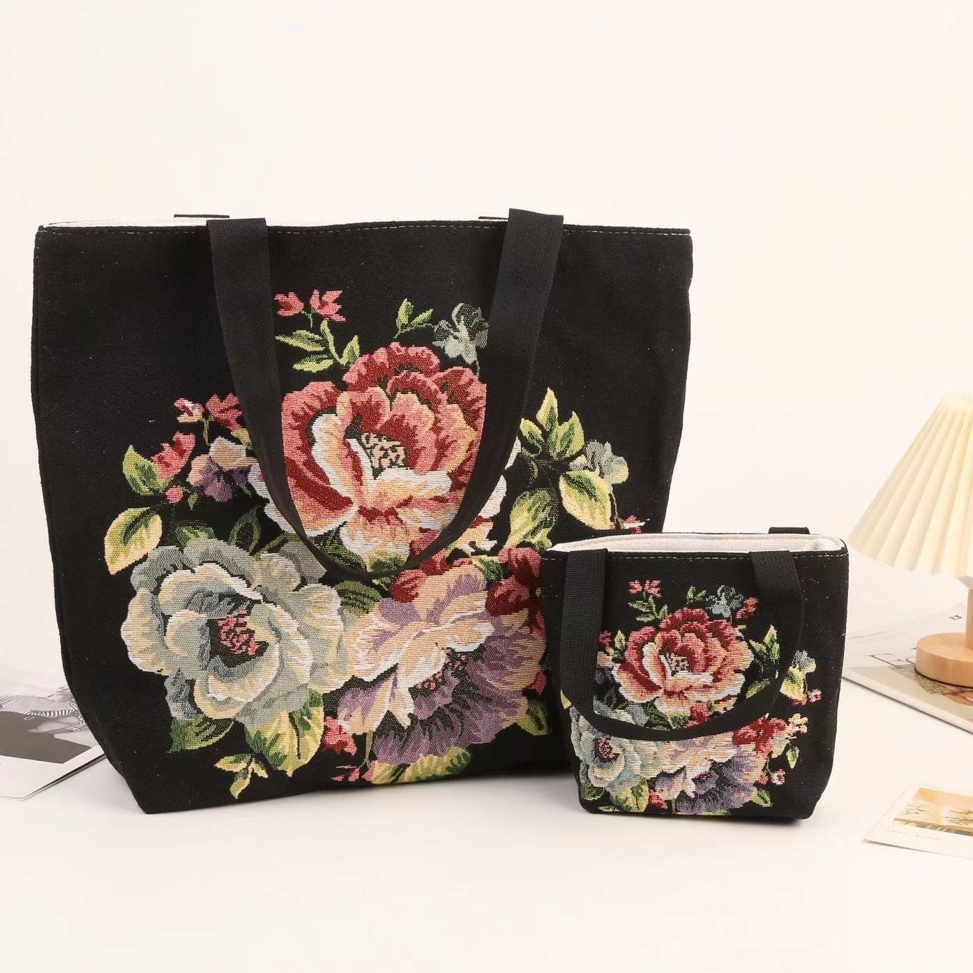 黑山茶花双面刺绣帆布包手提包单肩包休闲文艺学生上班外出通勤包