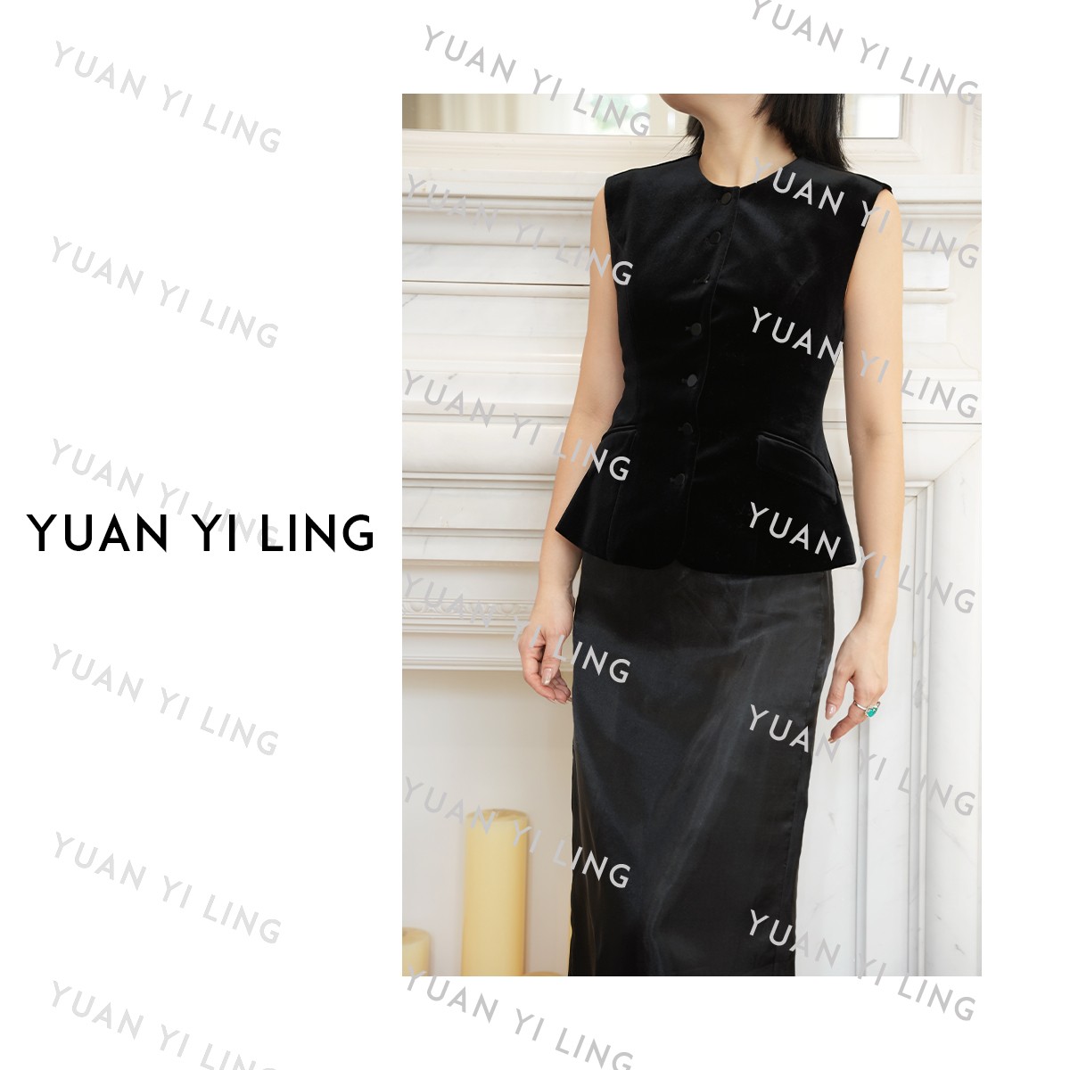 袁艺灵【丝绒穆勒】25春夏上新款时尚收腰显瘦立体剪裁黑色丝绒马甲