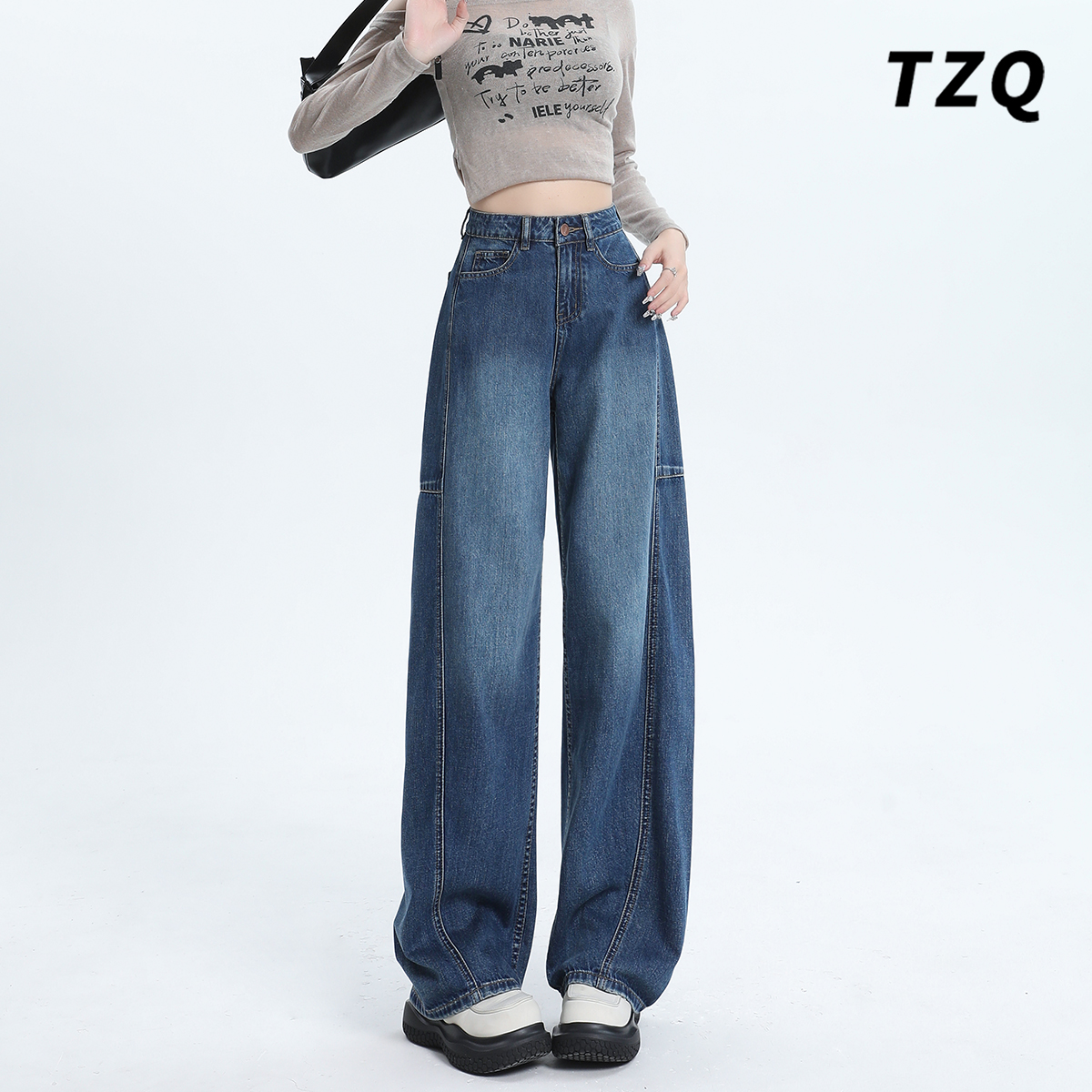 复古弯刀牛仔裤女秋2025新款显瘦镰刀裤水洗直筒阔腿裤TZQ2590961