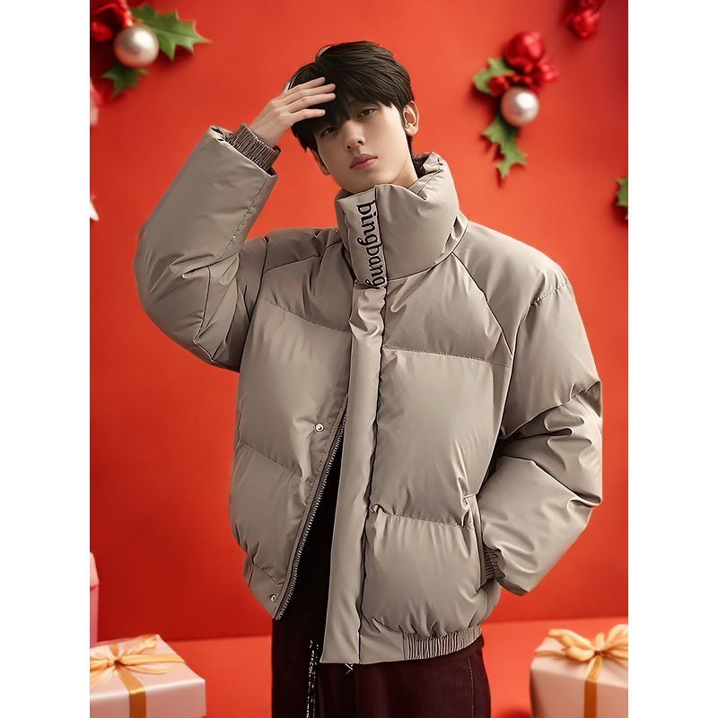 灰色刺绣短款pu皮棉服男款冬季加厚保暖立领棉衣美式晋江夹棉外套