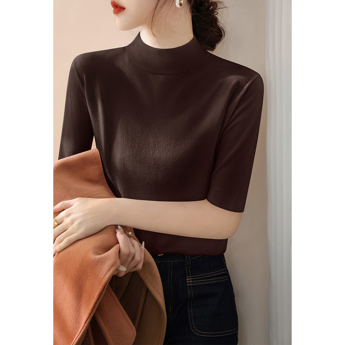 轻熟风半高领五分袖针织衫上衣女装秋季新款修身显瘦中袖内搭毛衣