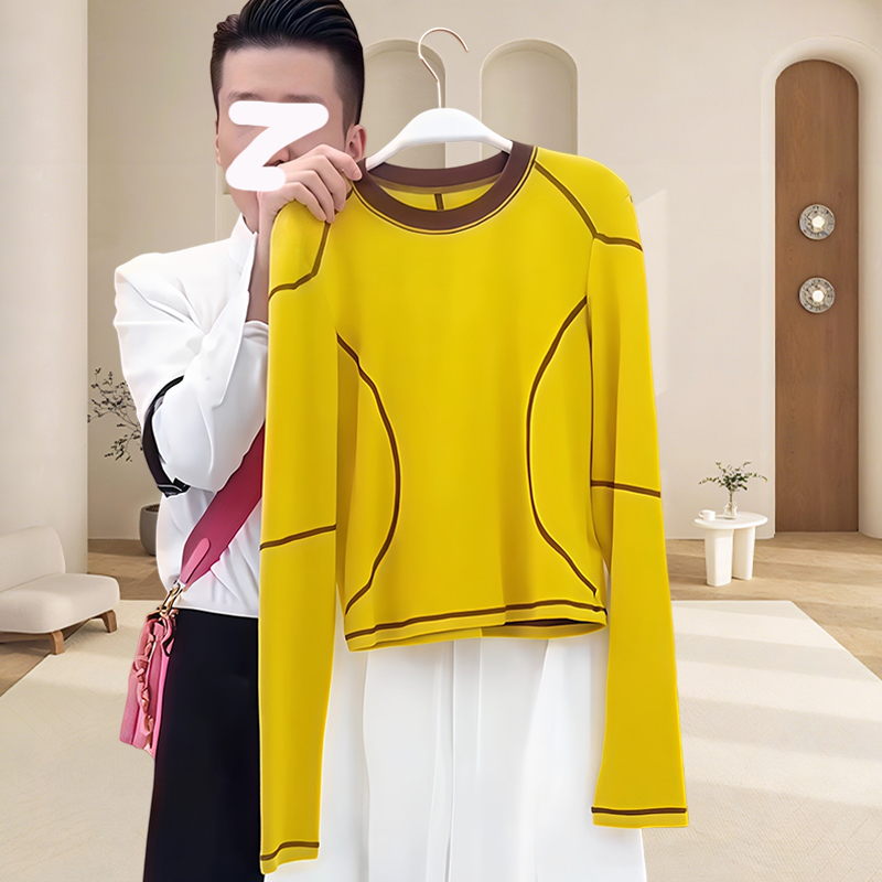 秋冬新品小个子正肩t恤女韩系休闲慵懒风线条拼接长袖打底衫上衣