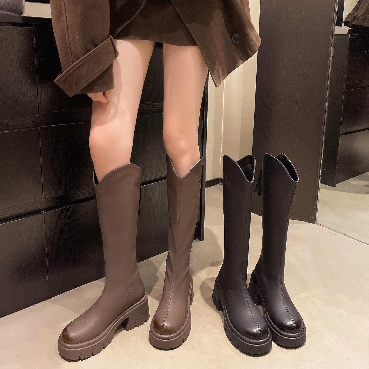 暮秋秋秋冬长筒靴女2025新款厚底增高小个子不过膝高筒骑士瘦瘦靴