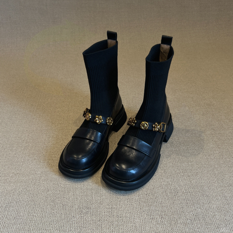 厚底金属扣弹力短靴复古瘦瘦靴2024学院风针织女百搭乐福袜靴